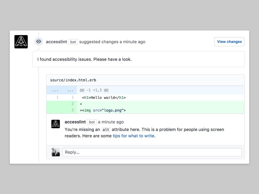 AccessLint bot commenting on a pull request with a missing alt attribute on an img tag.