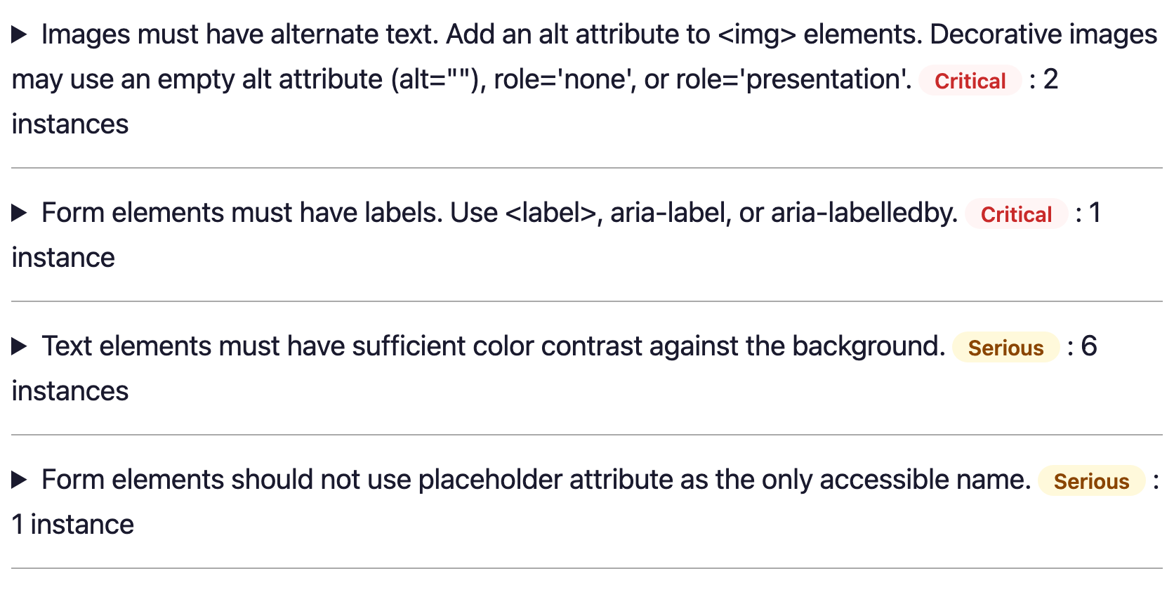 An AccessLint report listing accessibility issues found on a site, each with its severity: images missing alternate text and form elements missing labels, both critical; insufficient colour contrast, serious.