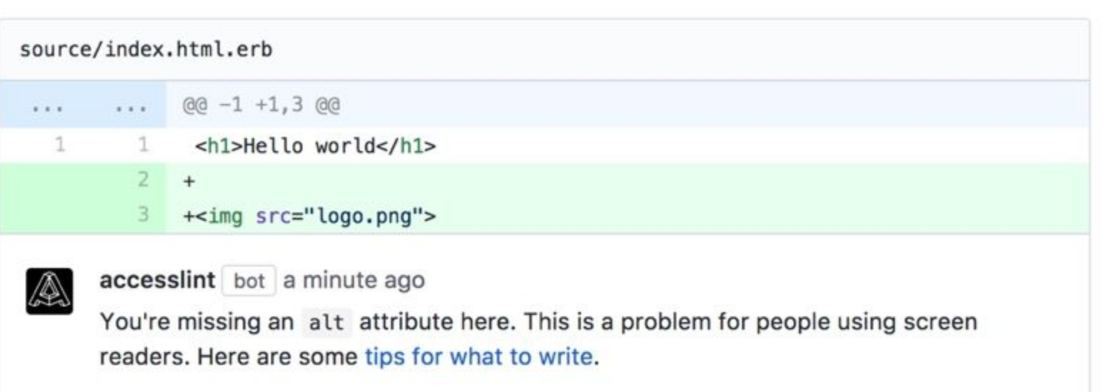 The AccessLint bot commenting on a pull request on GitHub, flagging an image element that is missing its alt attribute.